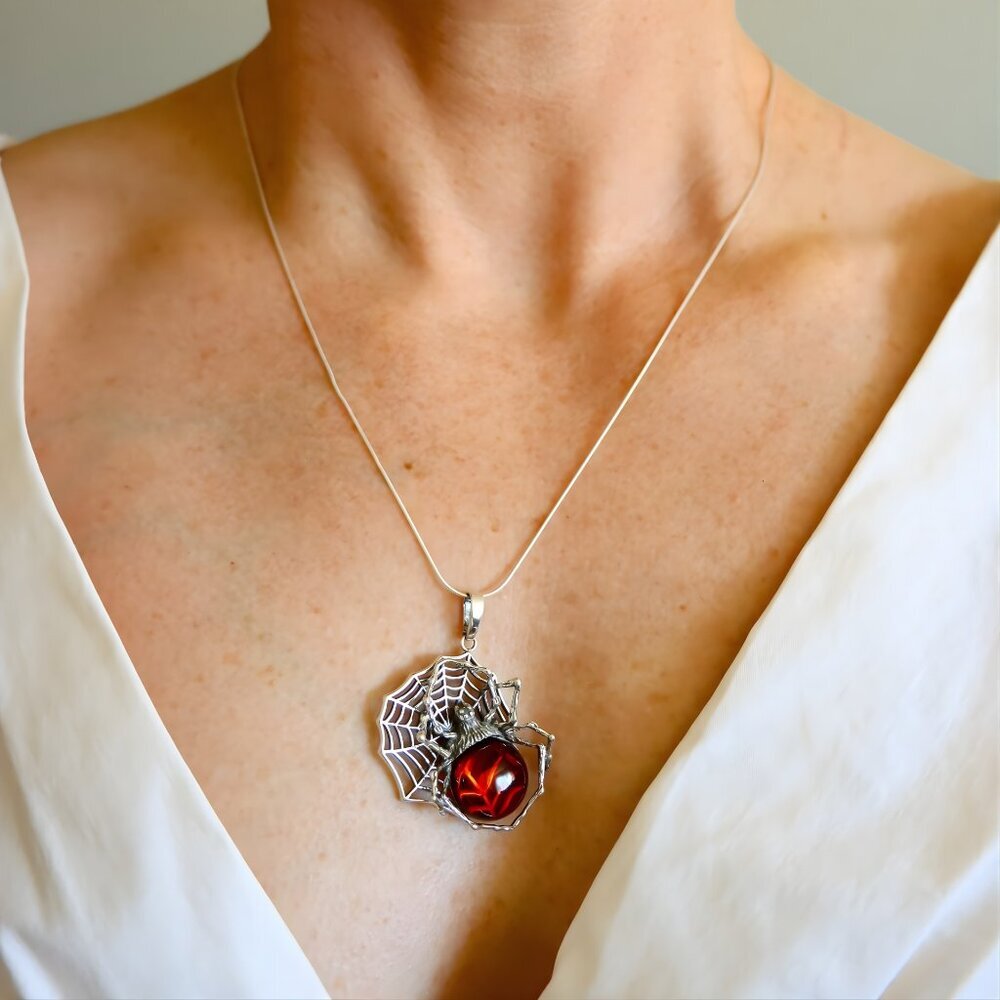 Baltic Cherry Amber Spider Pendant Necklace in Sterling Silver